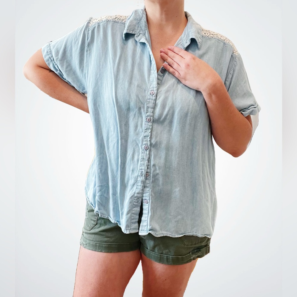 Downeast Denim Button Down Shirt with Lace Appliqué, Large